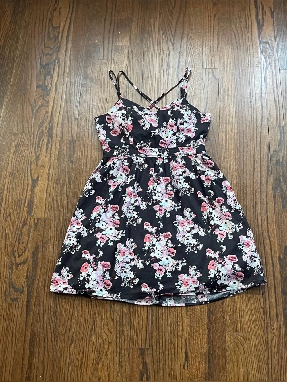 Charlotte Russe Black Floral Spaghetti-Strap Sundress with Pink and White Blooms